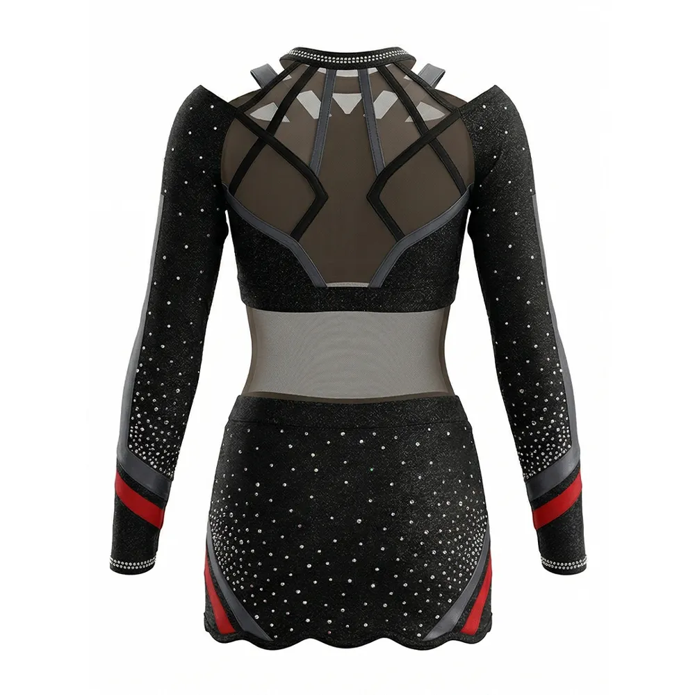 All Star Cheerleading Uniform Black Red Bling Rhinestone Long Sleeve Cheer Outfit Team Cheer Competition Cheer Uniform for Women – photo 4