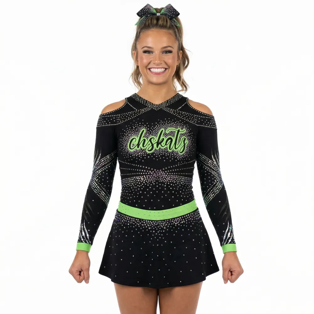 Girls Cheerleading Uniform Black Neon Green Cold Shoulder Rhinestone Crop Top with Skirt NeonKatz Team Cheer Outfit – photo 2