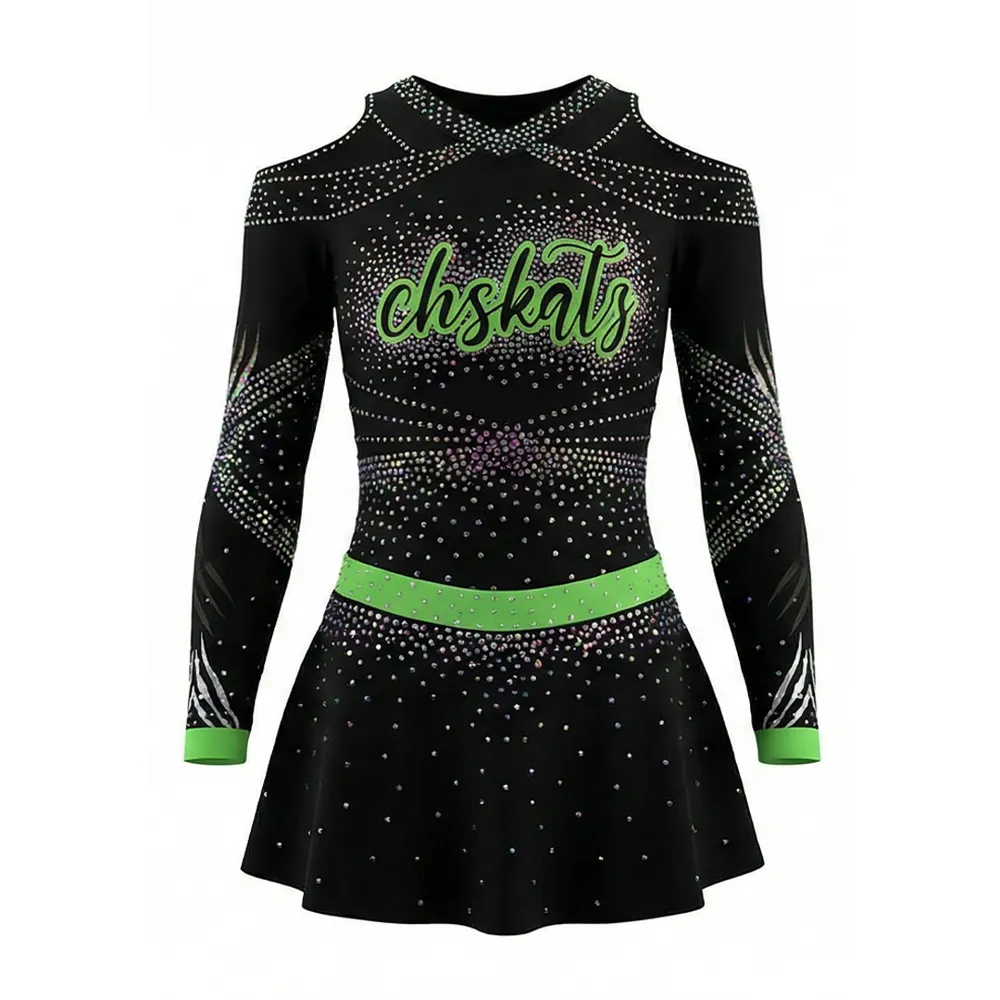 Girls Cheerleading Uniform Black Neon Green Cold Shoulder Rhinestone Crop Top with Skirt NeonKatz Team Cheer Outfit – photo 3