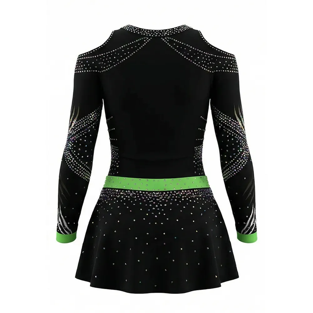 Girls Cheerleading Uniform Black Neon Green Cold Shoulder Rhinestone Crop Top with Skirt NeonKatz Team Cheer Outfit – photo 4