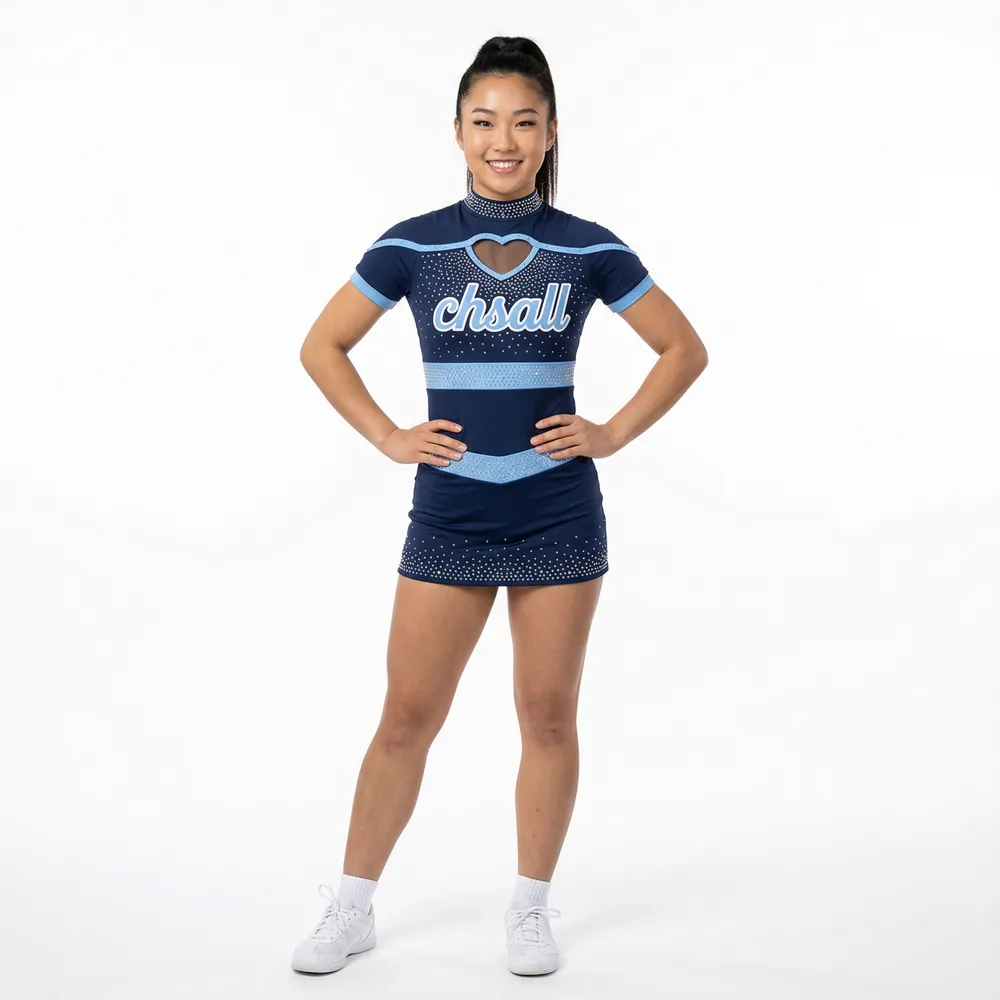 Professional Cheerleading Uniform Navy Blue Light Blue Iridescent Rhinestone Short Sleeve Cheer Wear – photo 2