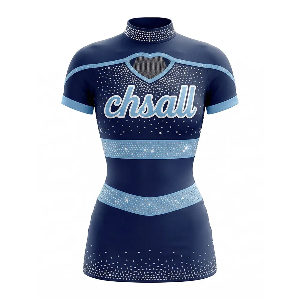 Professional Cheerleading Uniform Navy Blue Light Blue Iridescent Rhinestone Short Sleeve Cheer Wear – photo 3