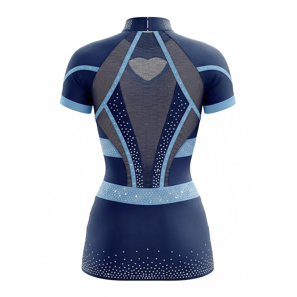 Professional Cheerleading Uniform Navy Blue Light Blue Iridescent Rhinestone Short Sleeve Cheer Wear – photo 4