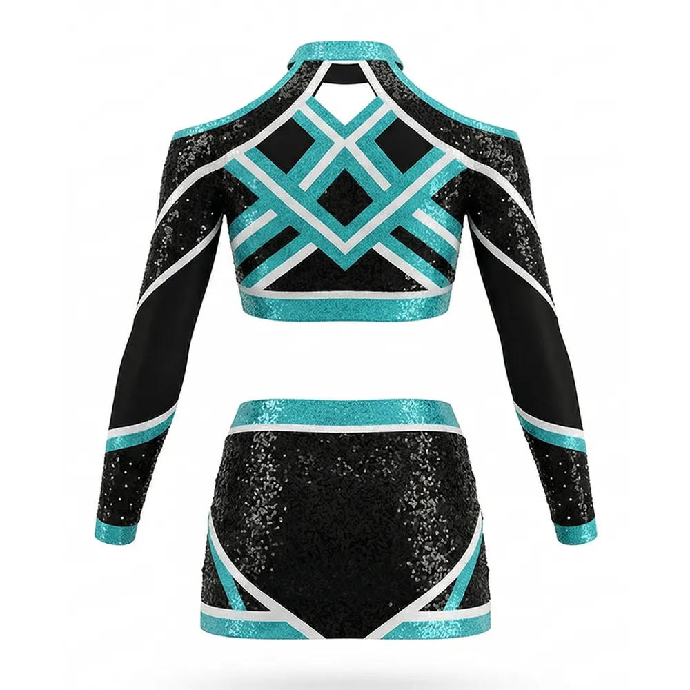 Professional Cheerleading Uniform Black Silver Iridescent Rhinestone Long Sleeve Cheer Wear Team Cheer Outfit for Women – photo 2