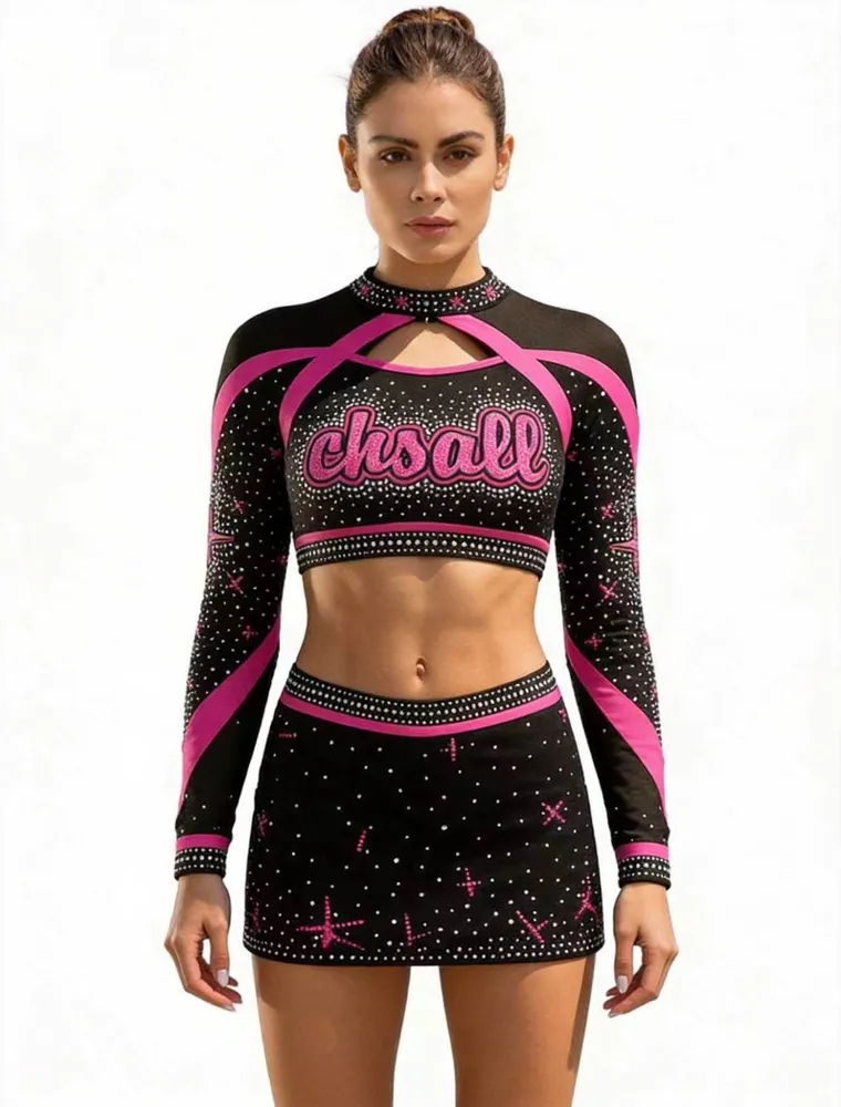 Girls Cheerleading Uniform Black Pink Rhinestone Long Sleeve Crop Top with Skirt TopG Unif Cheer Outfit – photo 6