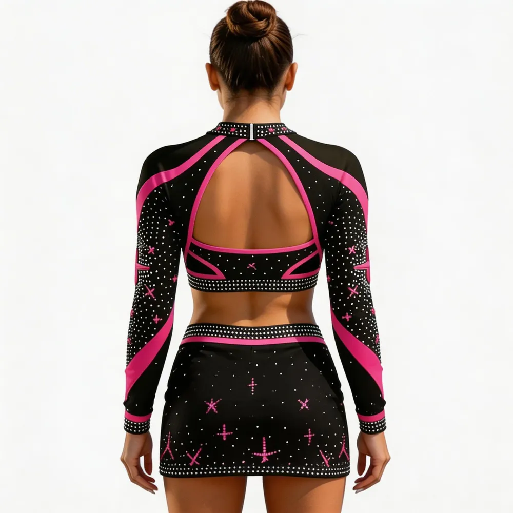 Girls Cheerleading Uniform Black Pink Rhinestone Long Sleeve Crop Top with Skirt TopG Unif Cheer Outfit – photo 7