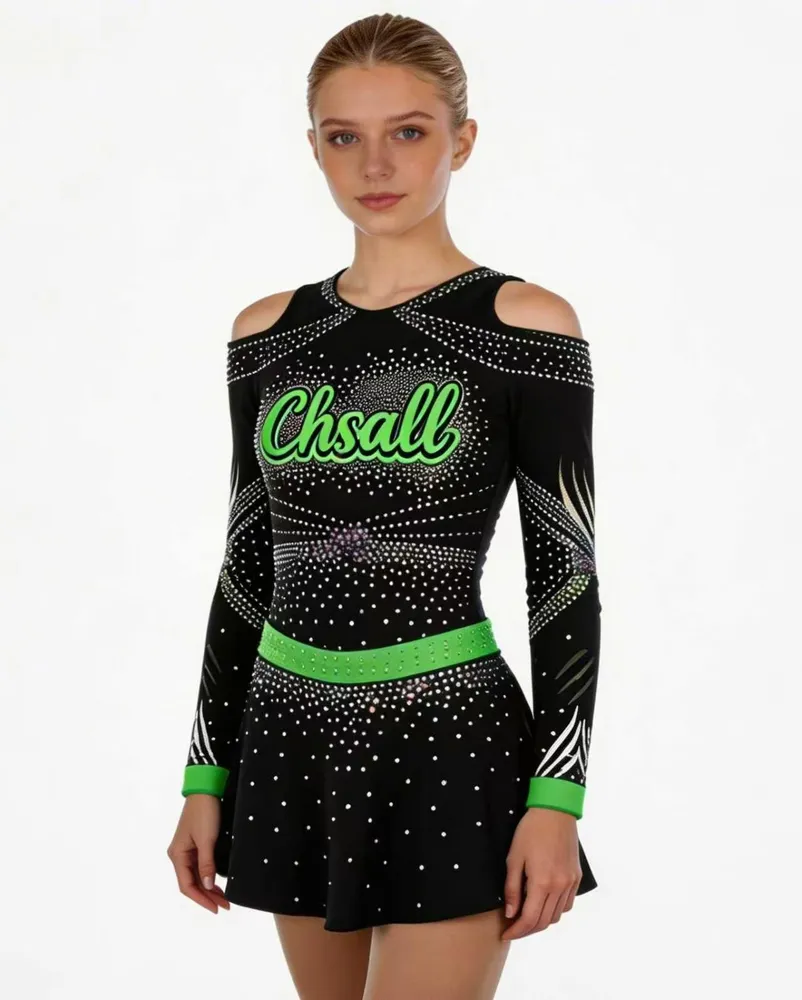 Cheerleading Uniforms Logo Black Green Rhinestone Cold Shoulder Long Sleeve Backless Cheer Outfit Performance Costume – photo 2