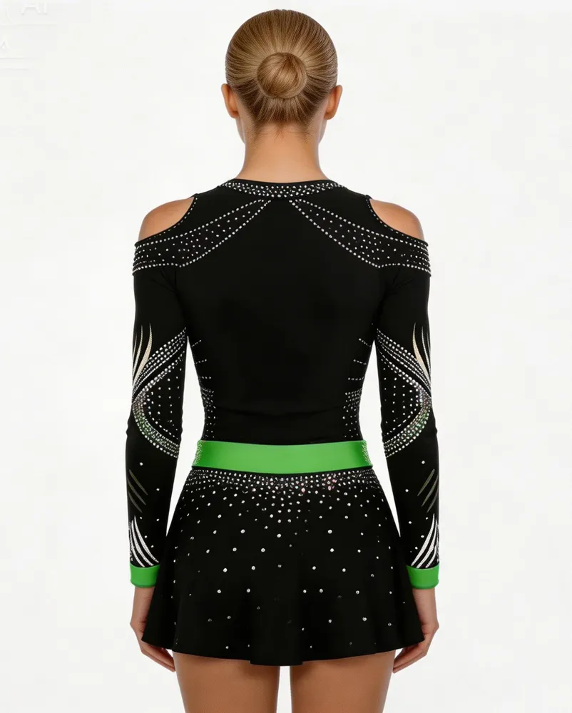 Cheerleading Uniforms Logo Black Green Rhinestone Cold Shoulder Long Sleeve Backless Cheer Outfit Performance Costume – photo 3