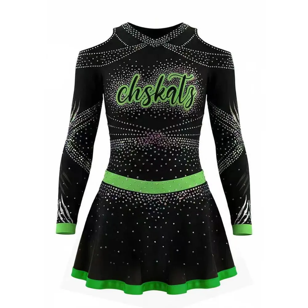 Cheerleading Uniforms Logo Black Green Rhinestone Cold Shoulder Long Sleeve Backless Cheer Outfit Performance Costume – photo 4