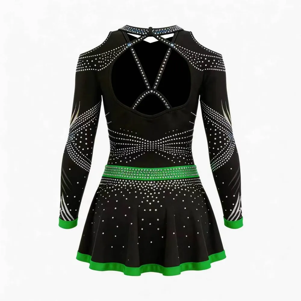 Cheerleading Uniforms Logo Black Green Rhinestone Cold Shoulder Long Sleeve Backless Cheer Outfit Performance Costume – photo 5