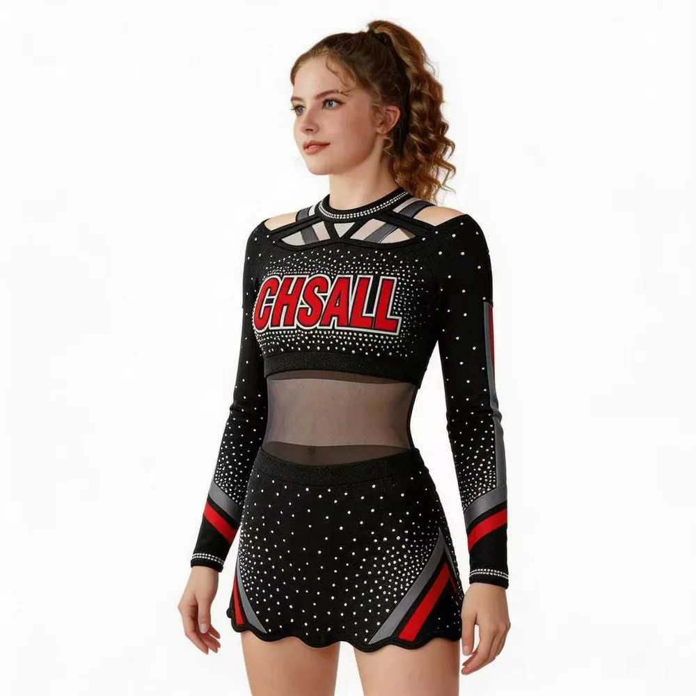 All Star Cheerleading Uniform Black Red Bling Rhinestone Long Sleeve Cheer Outfit Team Cheer Competition Cheer Uniform for Women – photo 6