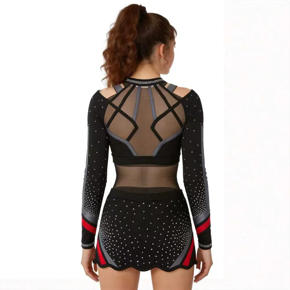 All Star Cheerleading Uniform Black Red Bling Rhinestone Long Sleeve Cheer Outfit Team Cheer Competition Cheer Uniform for Women – photo 7