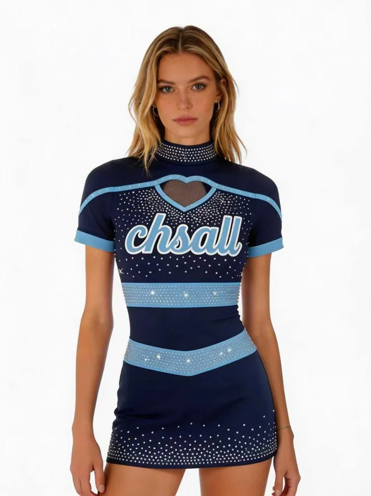 Professional Cheerleading Uniform Navy Blue Light Blue Iridescent Rhinestone Short Sleeve Cheer Wear – photo 6