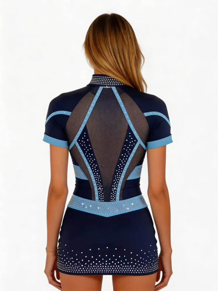 Professional Cheerleading Uniform Navy Blue Light Blue Iridescent Rhinestone Short Sleeve Cheer Wear – photo 7