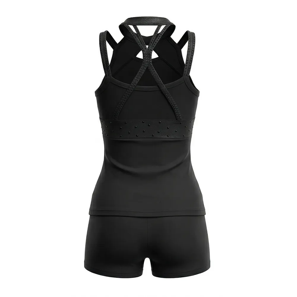 Youth Cheerleading Costume Set Black Cutout Neck Rhinestone Halter Cheer Wear Phoenix Practice Outfit – photo 4