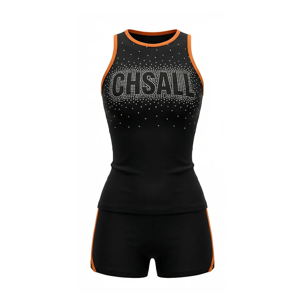 Sparkle Cheerleading Practice Outfit Black Orange Rhinestone Sleeveless Crop Top Team Cheer Training Suit Practice Uniform – photo 3