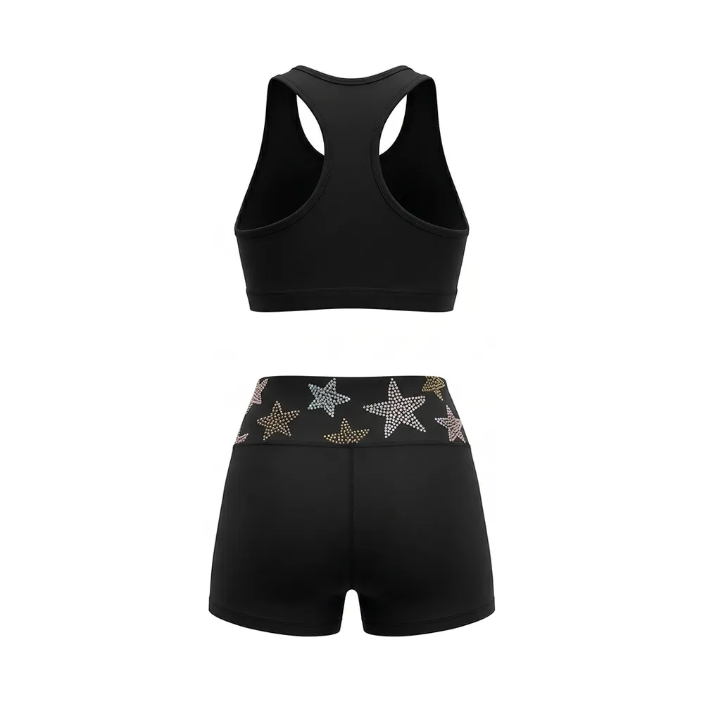 Professional Sports Bra Cheerleading Uniform Black Gold Iridescent Rhinestone Star Cheer Wear Practice Outfit – photo 4