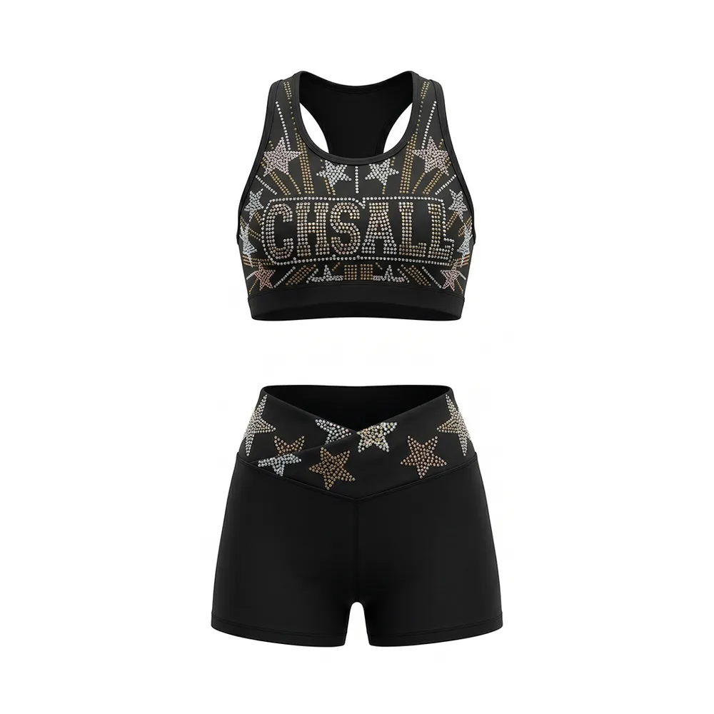 Professional Sports Bra Cheerleading Uniform Black Gold Iridescent Rhinestone Star Cheer Wear Practice Outfit – photo 5