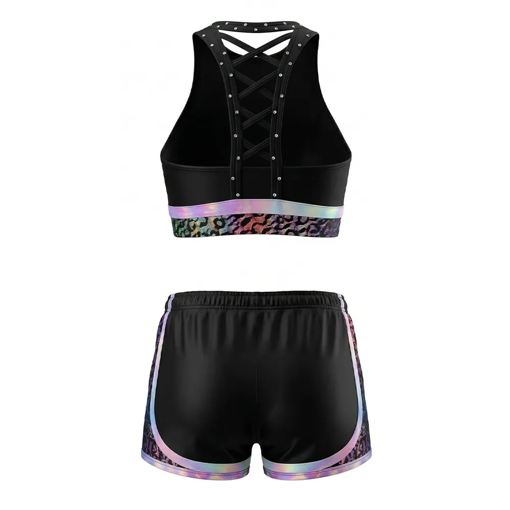 Girls Cheerleading Sports Bra Black Rainbow Rhinestone Halter Crop Top Practice Outfit for Competition – photo 2