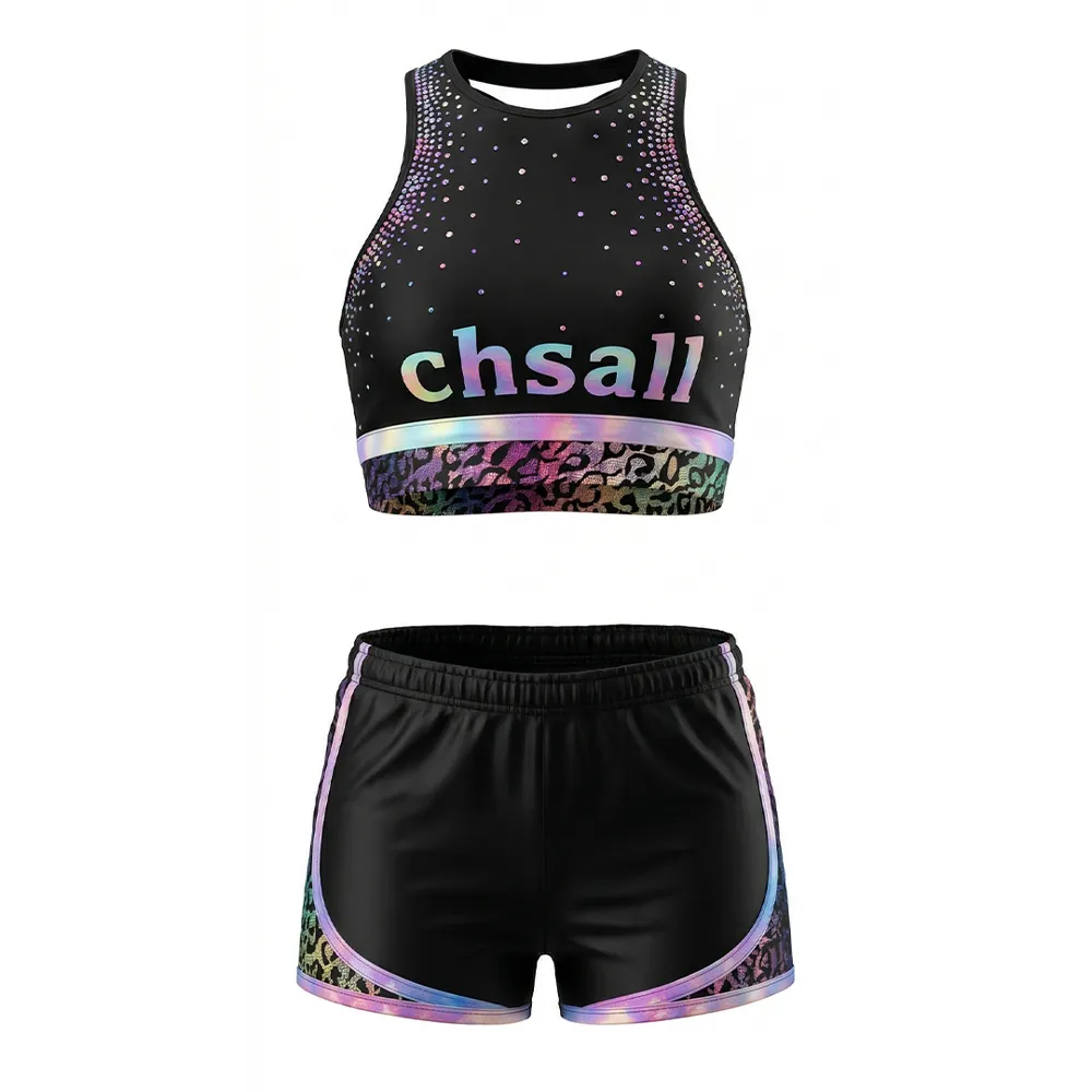 Girls Cheerleading Sports Bra Black Rainbow Rhinestone Halter Crop Top Practice Outfit for Competition – photo 3