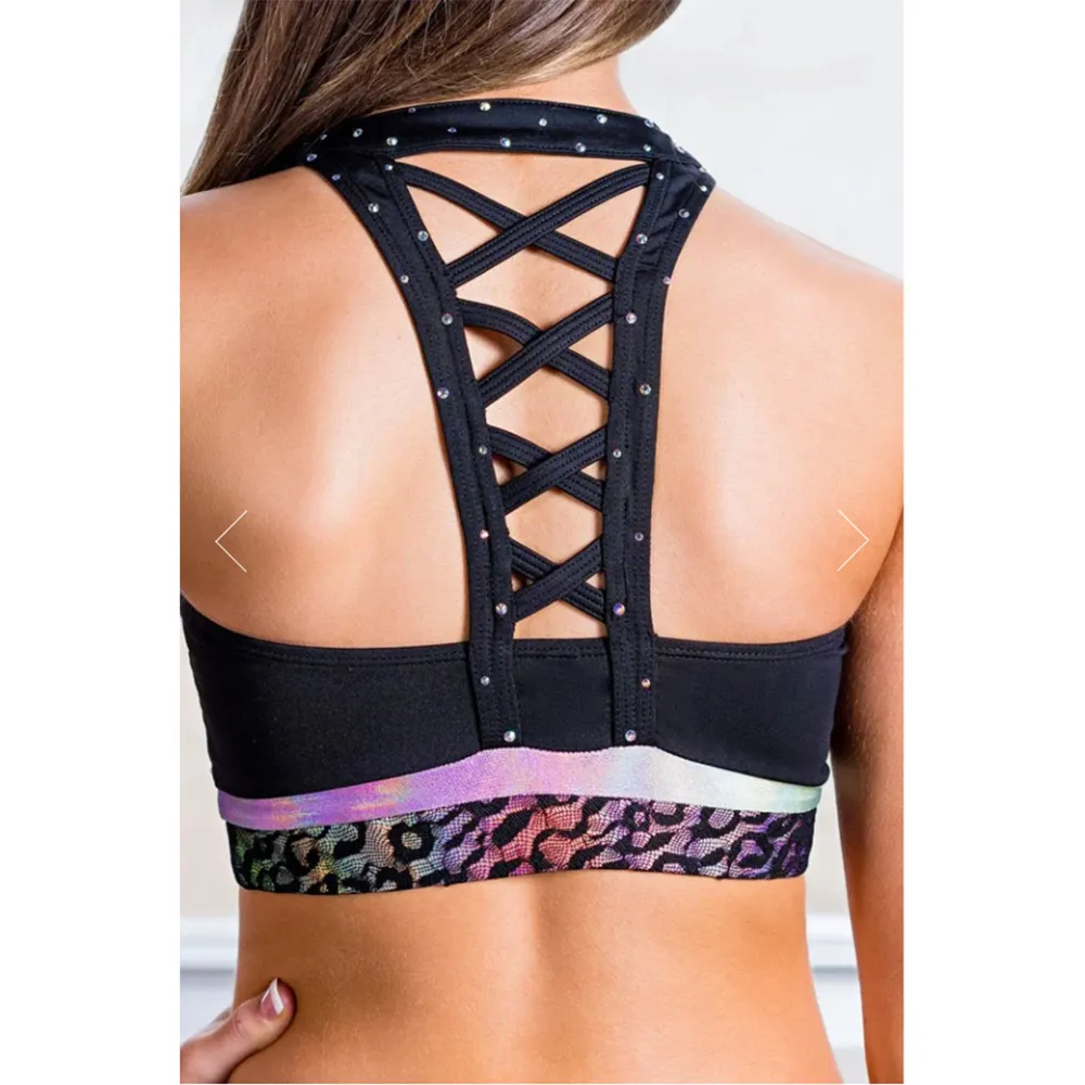 Girls Cheerleading Sports Bra Black Rainbow Rhinestone Halter Crop Top Practice Outfit for Competition – photo 4