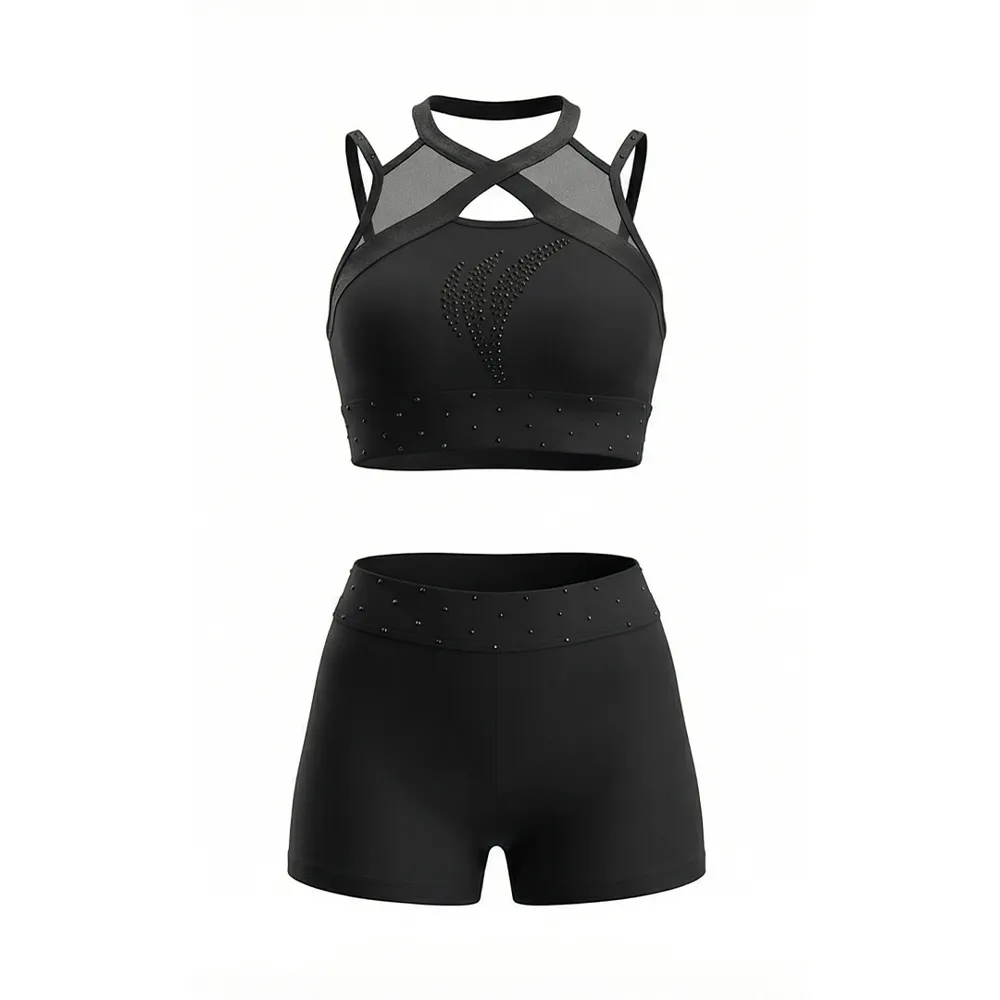 Professional Cheerleading Uniform Black Gold Iridescent Rhinestone Star Cheer Wear Team Cheer Outfit Training Suit – photo 4