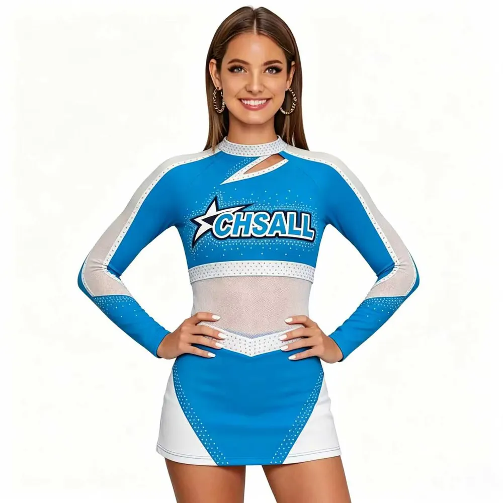 Cheerleading Uniforms Long Sleeve Rhinestone Outfit Mesh Waist Blue Cheerleader Costume Women Competition Performance – photo 3