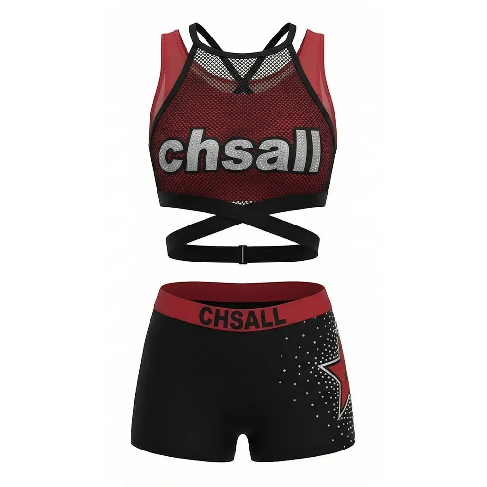 Sparkle Cheerleading Outfit for Teens Black Maroon Mesh Crop Top CHSALL Cheer Uniform for Competition School Cheer for Practice – photo 4