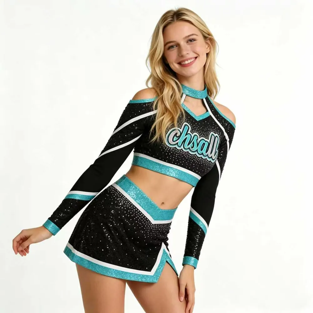 Sequined Cheerleading Uniforms Long Sleeve Crop Top Skirt Set Sparkly Cheer Outfits for Competition Performance Practice – photo 3