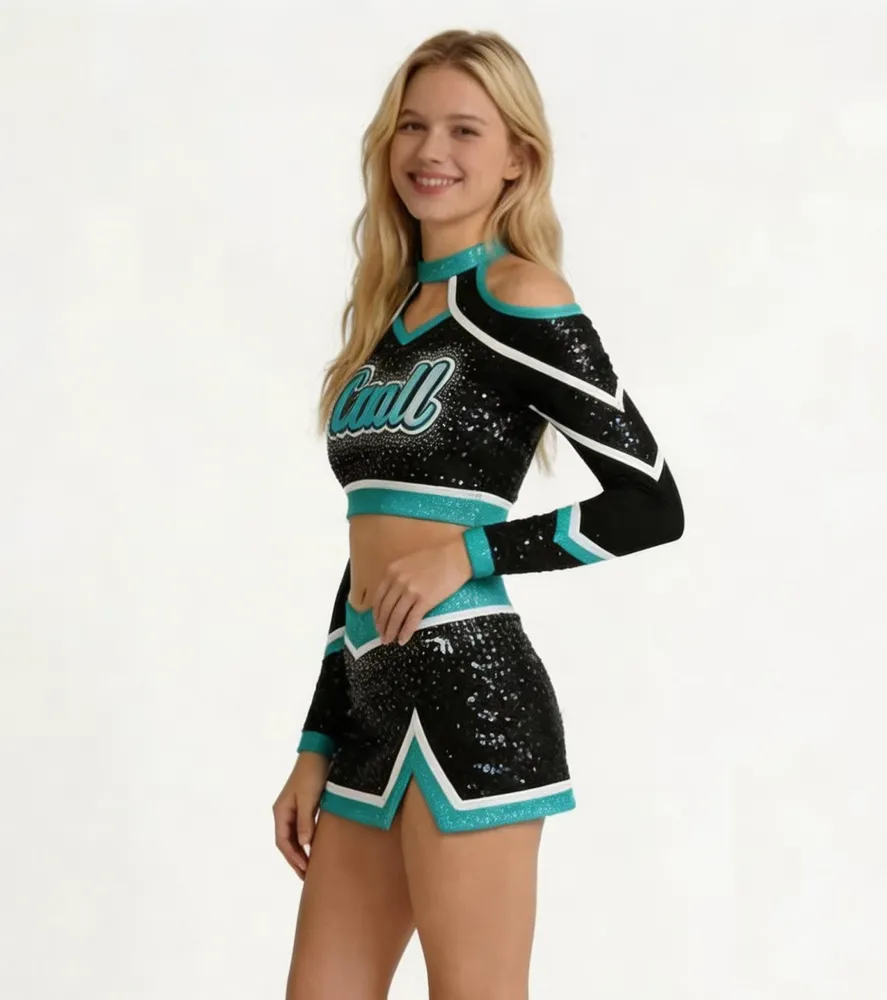 Sequined Cheerleading Uniforms Long Sleeve Crop Top Skirt Set Sparkly Cheer Outfits for Competition Performance Practice – photo 4