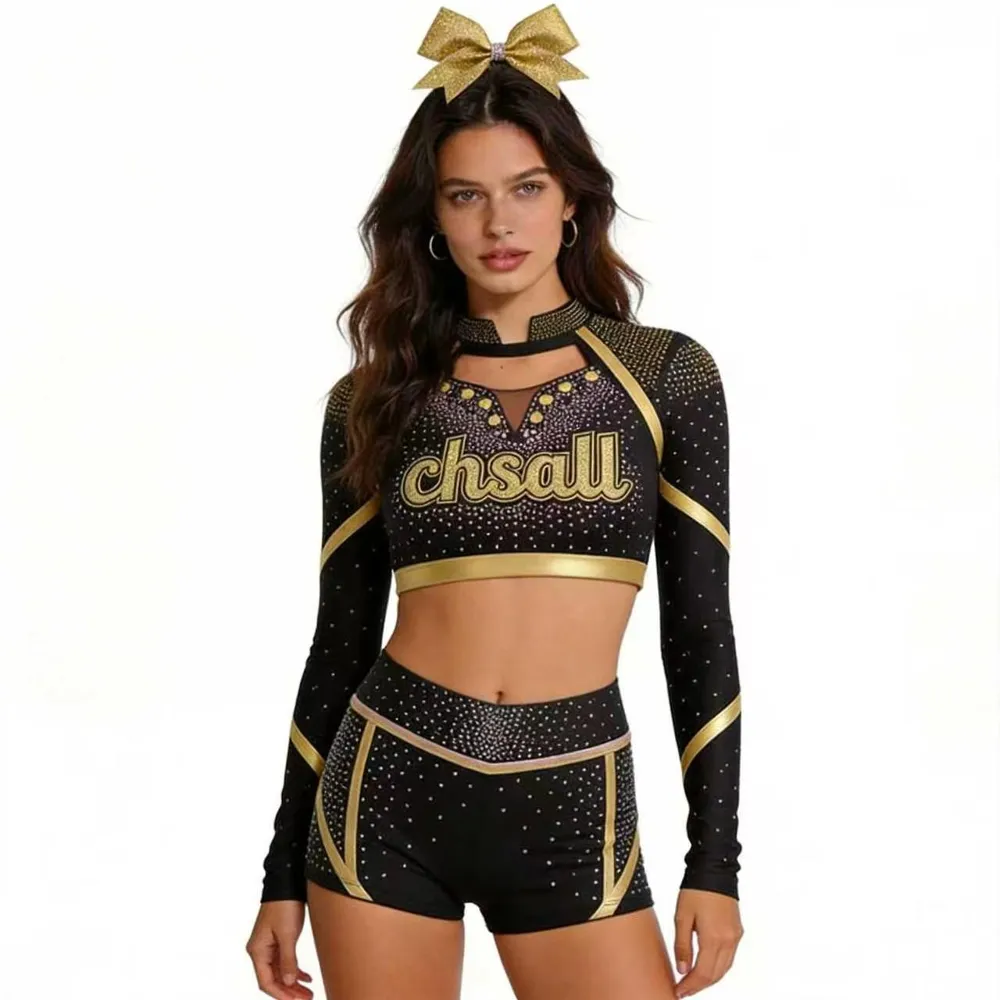 Sparkle Cheerleading Uniform Black Gold Rhinestone Long Sleeve Crop Top with Shorts Cutout Detail Cheer Outfit – photo 6