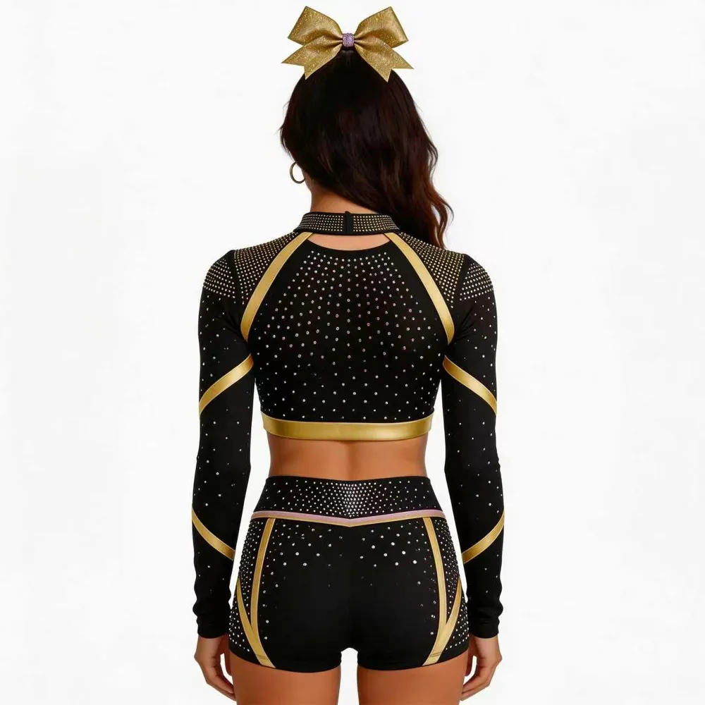 Sparkle Cheerleading Uniform Black Gold Rhinestone Long Sleeve Crop Top with Shorts Cutout Detail Cheer Outfit – photo 7
