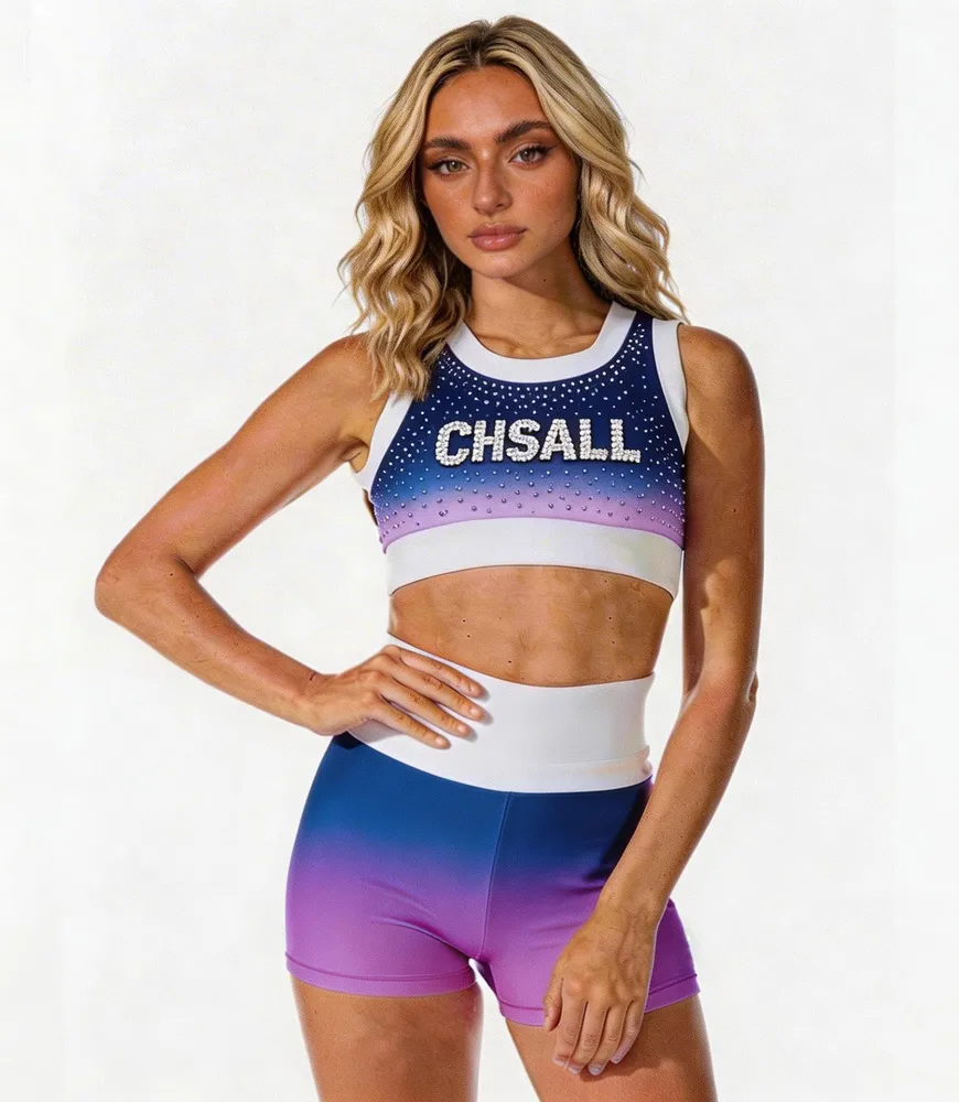 Rhinestones Shirts & Tops Sparkle Design pink to red Ombre Shiny Cheerleading Practice Wear Shell Short Uniform – photo 2
