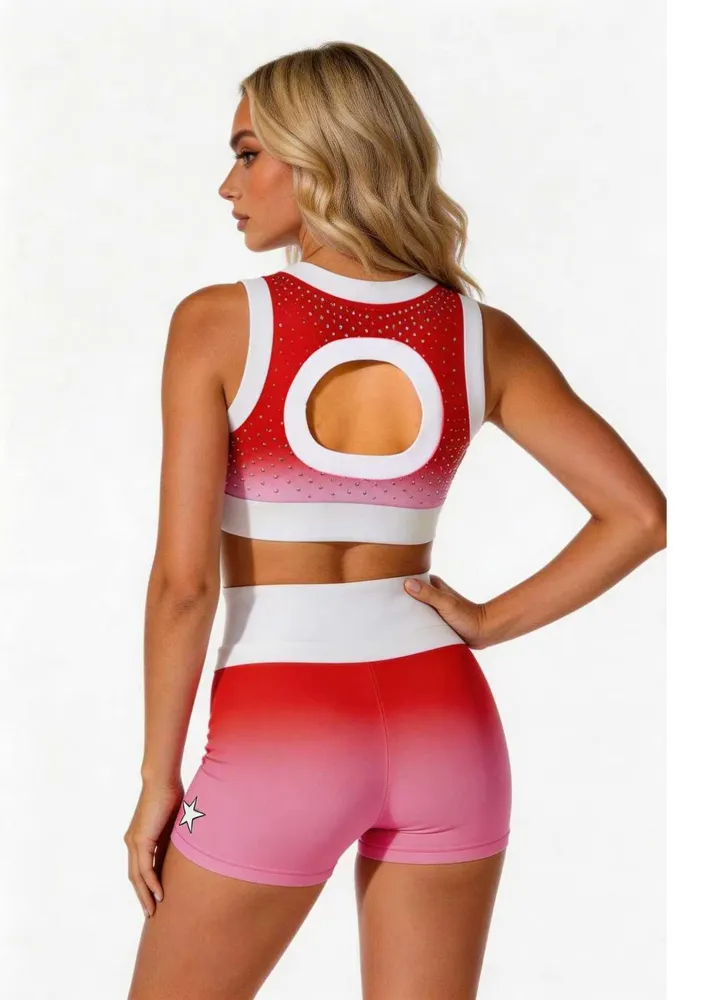 Rhinestones Shirts & Tops Sparkle Design pink to red Ombre Shiny Cheerleading Practice Wear Shell Short Uniform – photo 3