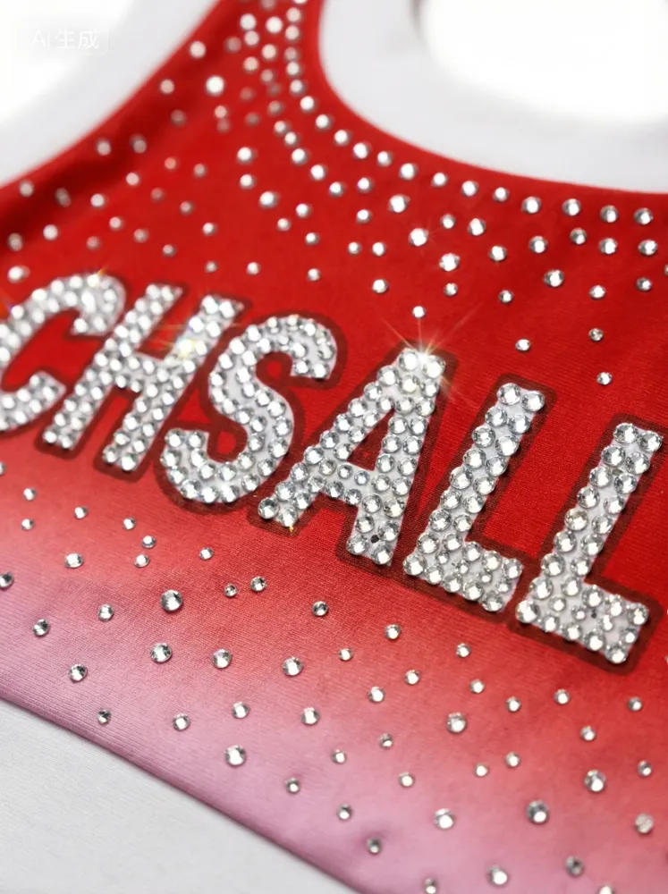 Rhinestones Shirts & Tops Sparkle Design pink to red Ombre Shiny Cheerleading Practice Wear Shell Short Uniform – photo 4