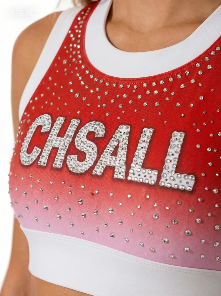 Rhinestones Shirts & Tops Sparkle Design pink to red Ombre Shiny Cheerleading Practice Wear Shell Short Uniform – photo 5