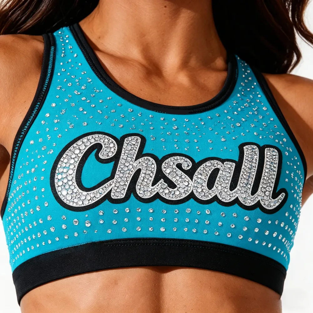 Printed Fabric Splicing Design Top LOGO Rhinestones Shirts & Topsn Blue Cheerleading Practice Wear Shell Short Uniform – photo 3
