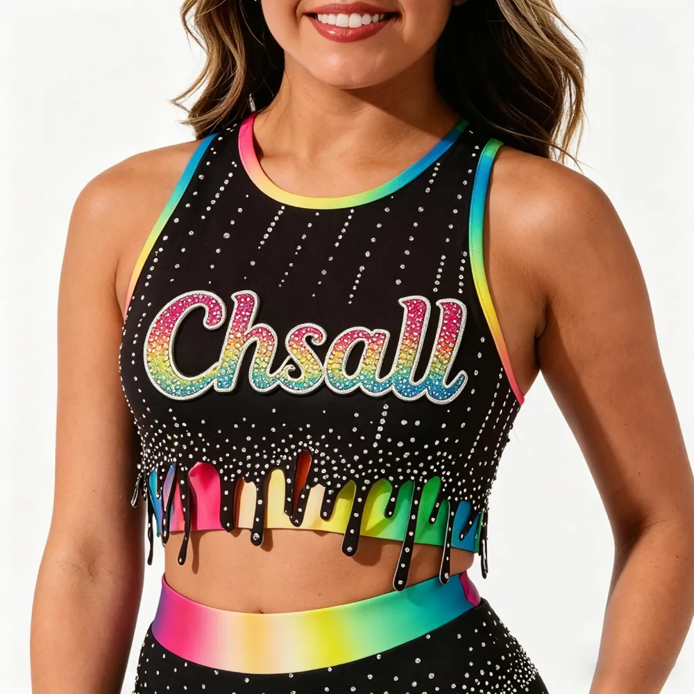 Laser-cut Drip Hem with rainbow Print Design Top LOGO Rhinestones Shirts & Top Cheerleading Practice Wear Shell Uniform – photo 2