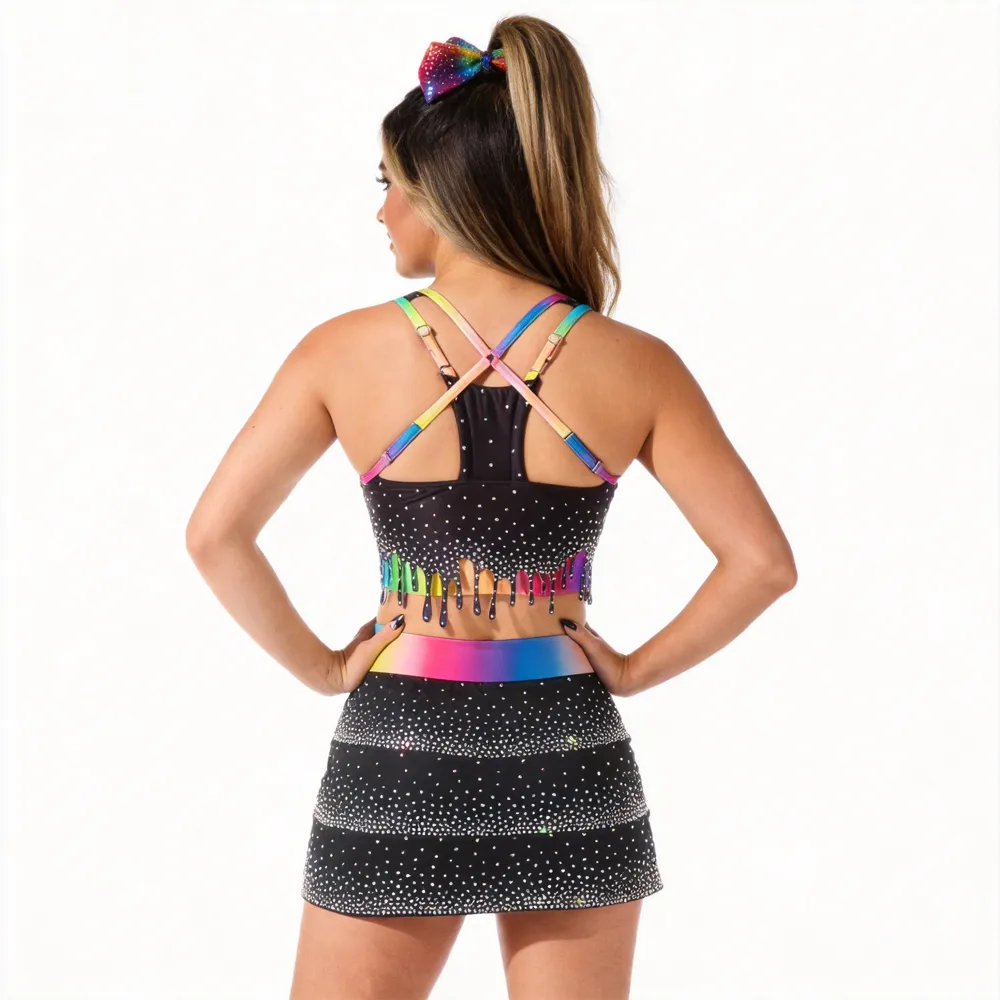 Laser-cut Drip Hem with rainbow Print Design Top LOGO Rhinestones Shirts & Top Cheerleading Practice Wear Shell Uniform – photo 3