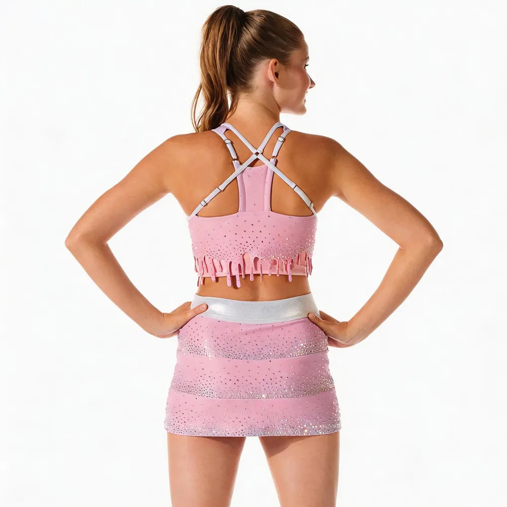Laser-cut Drip Hem with Print Design Top LOGO pink Rhinestones Shirts & Top Cheerleading Practice Wear Shell Uniform – photo 2