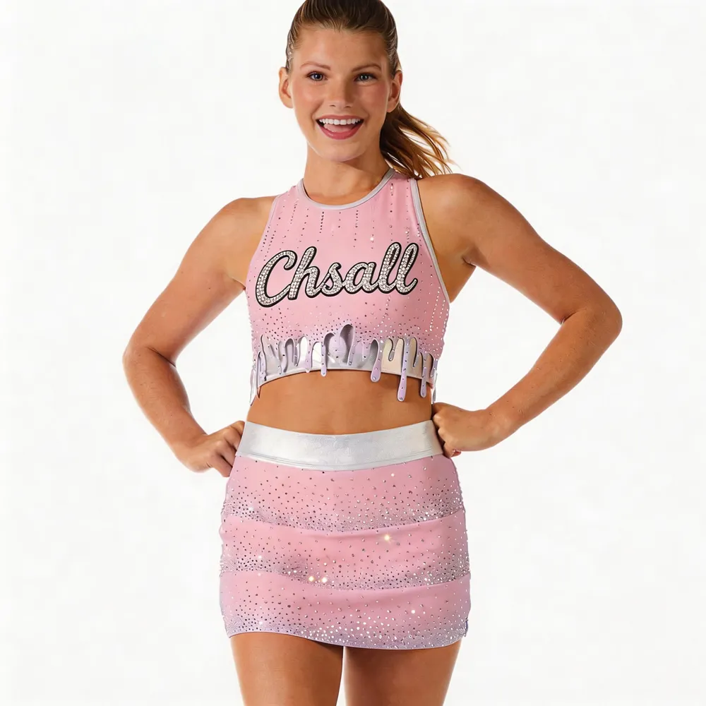 Laser-cut Drip Hem with Print Design Top LOGO pink Rhinestones Shirts & Top Cheerleading Practice Wear Shell Uniform – photo 4