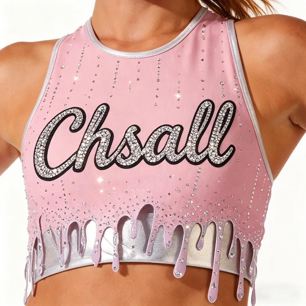 Laser-cut Drip Hem with Print Design Top LOGO pink Rhinestones Shirts & Top Cheerleading Practice Wear Shell Uniform – photo 5