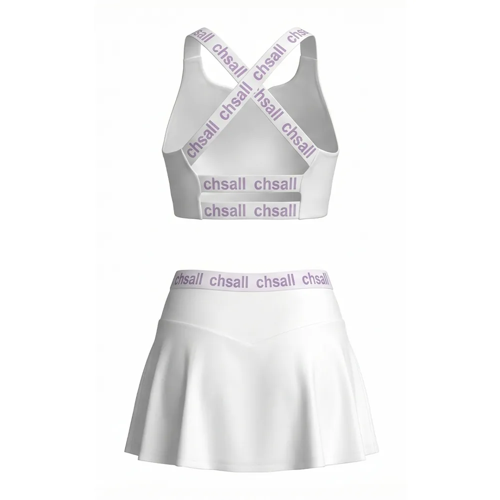 White Rhinestone Letter Print Cheer Sports Bra & High Waist Skirt Two-Piece Training Cheer Uniform – photo 2