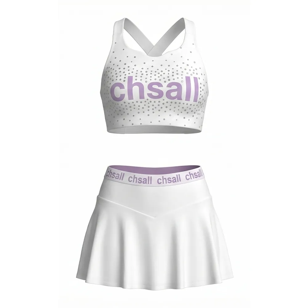 White Rhinestone Letter Print Cheer Sports Bra & High Waist Skirt Two-Piece Training Cheer Uniform – photo 3