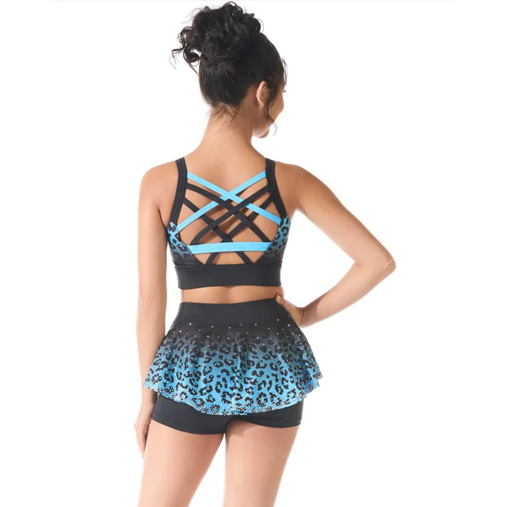 Leopard Print Rhinestone Cross Back Crop Top with Skirt Shorts Two Piece Set All Star Cheerleading Uniform – photo 2