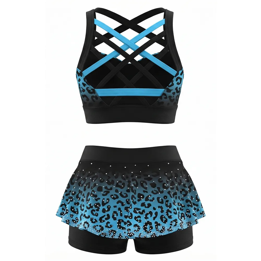 Leopard Print Rhinestone Cross Back Crop Top with Skirt Shorts Two Piece Set All Star Cheerleading Uniform – photo 3