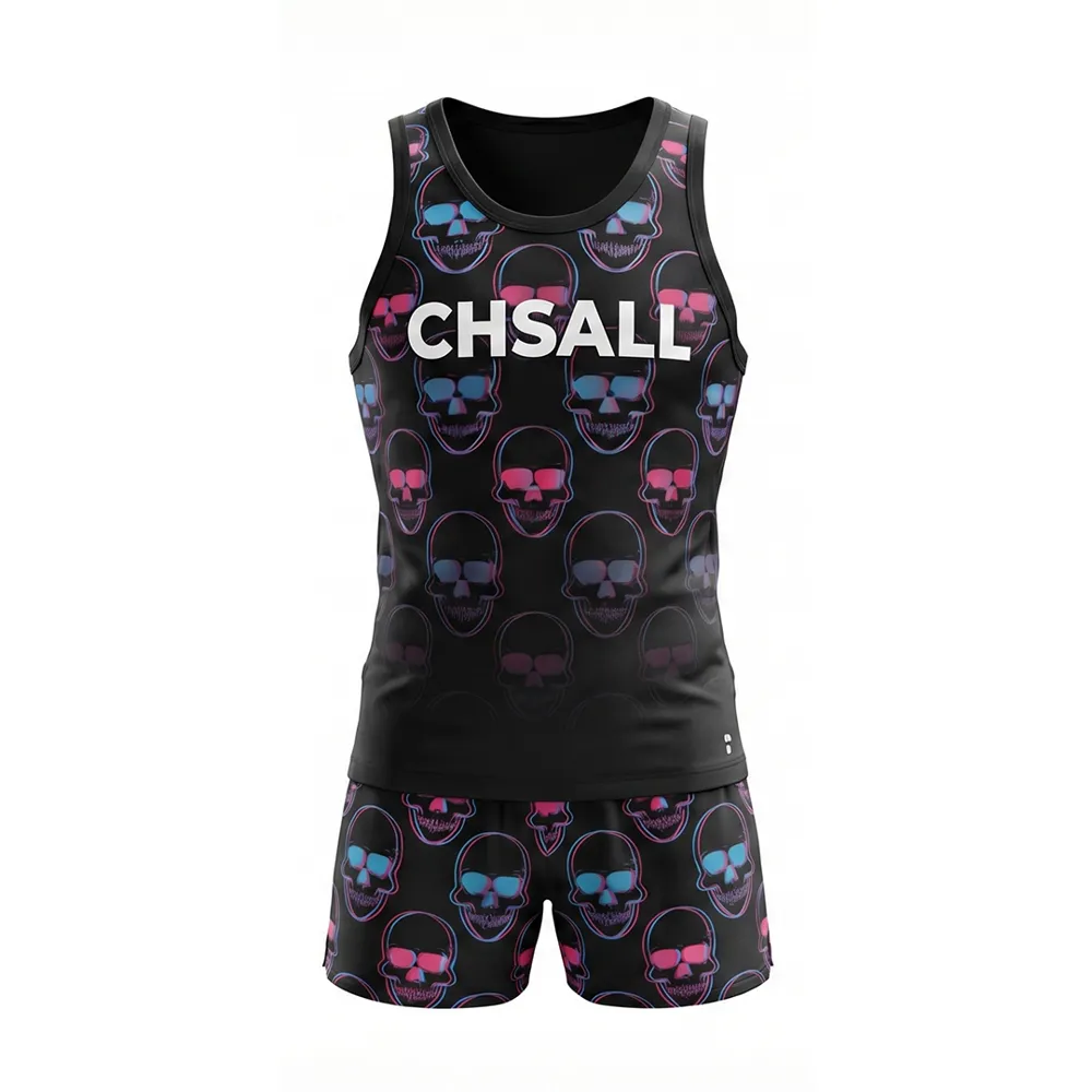 Trendy Skull Print Tank Top Shorts Two Piece Set Boys Youth Team Competition All Star Cheerleading Uniform – photo 3