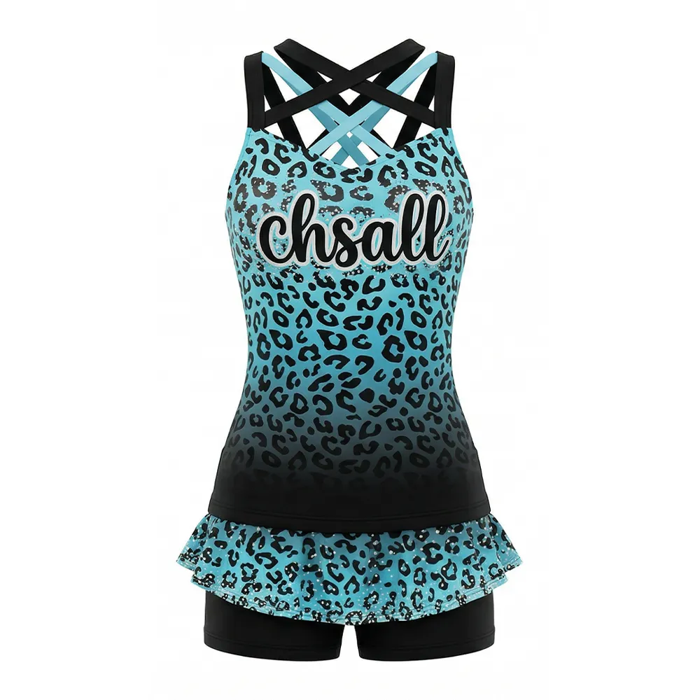 Leopard Print Ombre Cross Back Tank Dress with Ruffle Hem Built in Shorts All Star Cheerleading Uniform – photo 3