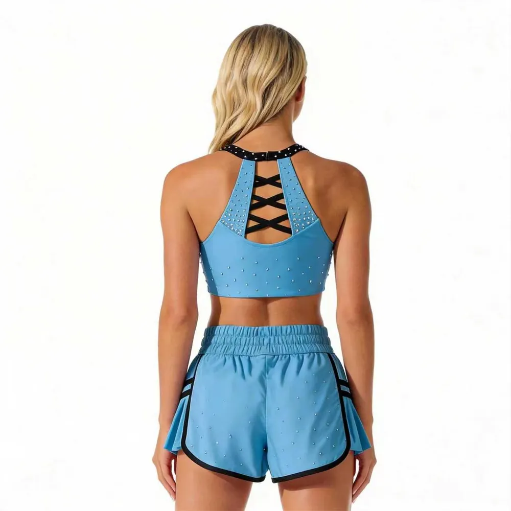 Rhinestones Shirts & Tops Wear Strappy Crisscross Back Design Shiny Cheerleading Practice Contrast Color Shorts Uniforms – photo 3