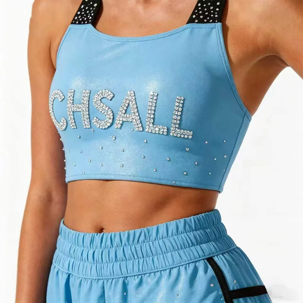 Rhinestones Shirts & Tops Wear Strappy Crisscross Back Design Shiny Cheerleading Practice Contrast Color Shorts Uniforms – photo 4